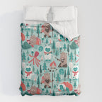 Besties // aqua background white Yeti brown Bigfoot teal and mint trees red and coral details Duvet Cover Gallery Image 6