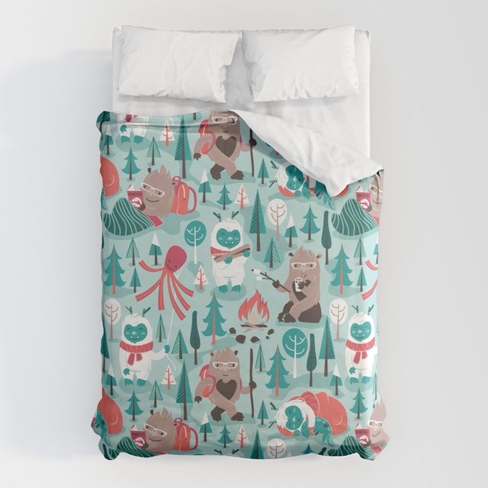 Besties // aqua background white Yeti brown Bigfoot teal and mint trees red and coral details Duvet Cover Gallery Image 6