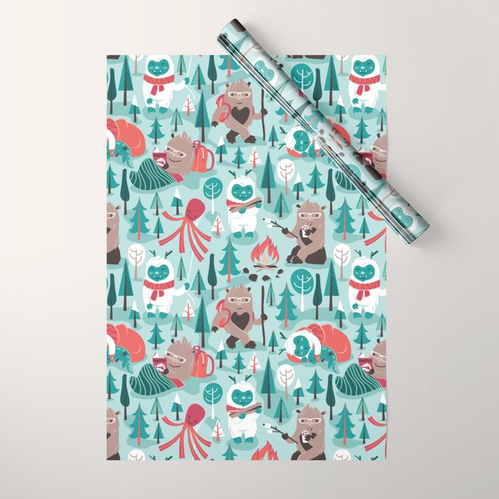 Besties // aqua background white Yeti brown Bigfoot teal and mint trees red and coral details Wrapping Paper Gallery Image 1