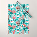 Besties // aqua background white Yeti brown Bigfoot teal and mint trees red and coral details Wrapping Paper Gallery Image 1