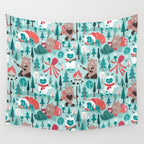 Besties // aqua background white Yeti brown Bigfoot teal and mint trees red and coral details Wall Tapestry Gallery Image 4