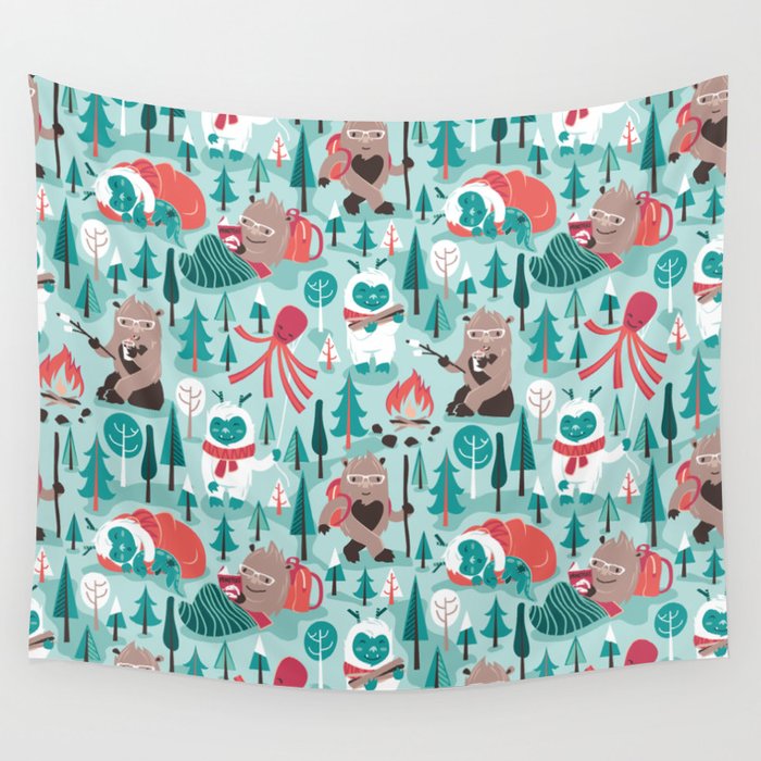 Besties // aqua background white Yeti brown Bigfoot teal and mint trees red and coral details Wall Tapestry Gallery Image 4
