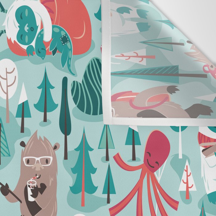Besties // aqua background white Yeti brown Bigfoot teal and mint trees red and coral details Wall Tapestry Gallery Image 3
