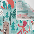Besties // aqua background white Yeti brown Bigfoot teal and mint trees red and coral details Wall Tapestry Gallery Image 3