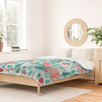Besties // aqua background white Yeti brown Bigfoot teal and mint trees red and coral details Duvet Cover Gallery Image 2
