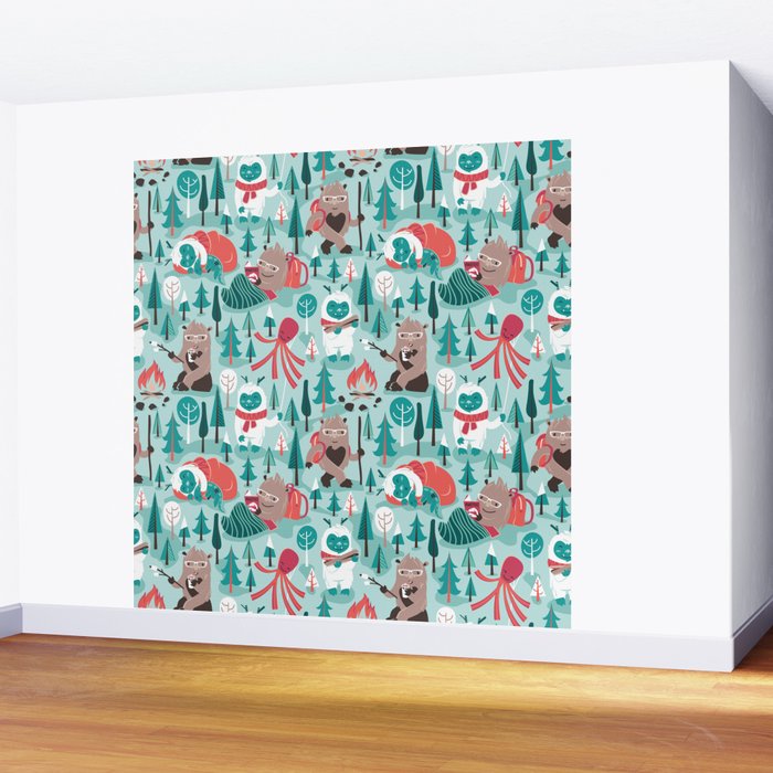 Besties // aqua background white Yeti brown Bigfoot teal and mint trees red and coral details Wall Mural Gallery Image 2
