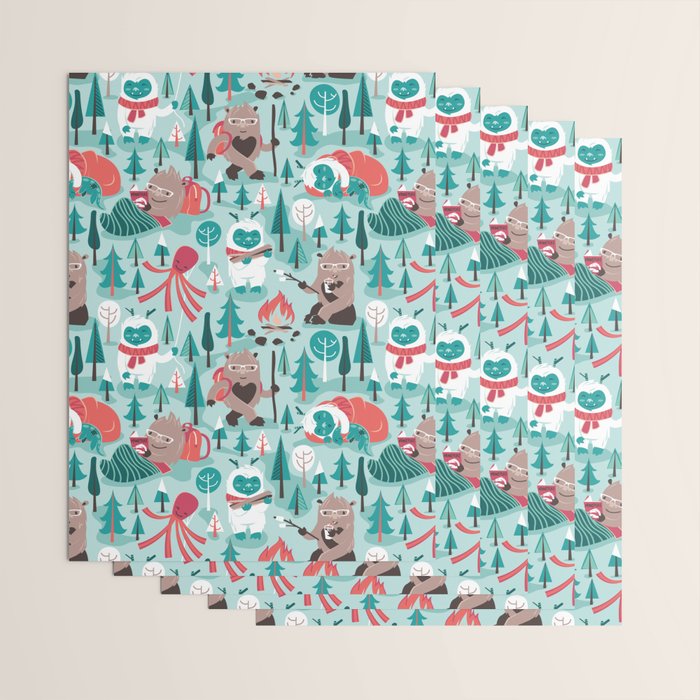 Besties // aqua background white Yeti brown Bigfoot teal and mint trees red and coral details Wrapping Paper Gallery Image 3