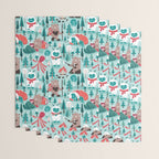 Besties // aqua background white Yeti brown Bigfoot teal and mint trees red and coral details Wrapping Paper Gallery Image 3