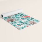 Besties // aqua background white Yeti brown Bigfoot teal and mint trees red and coral details Yoga Mat Gallery Image 2