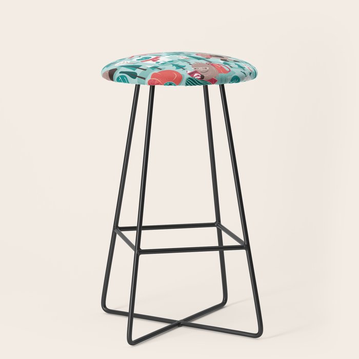 Besties // aqua background white Yeti brown Bigfoot teal and mint trees red and coral details Stool Gallery Image 1