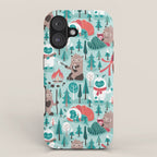Besties // aqua background white Yeti brown Bigfoot teal and mint trees red and coral details iPhone Case Gallery Image 1