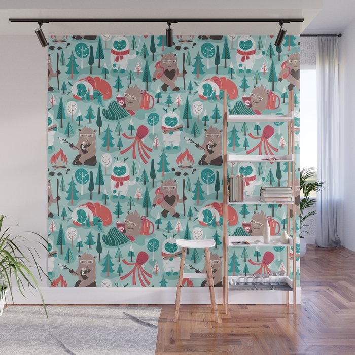 Besties // aqua background white Yeti brown Bigfoot teal and mint trees red and coral details Wall Mural Gallery Image 1