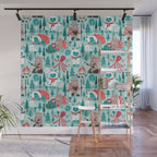 Besties // aqua background white Yeti brown Bigfoot teal and mint trees red and coral details Wall Mural Gallery Image 1