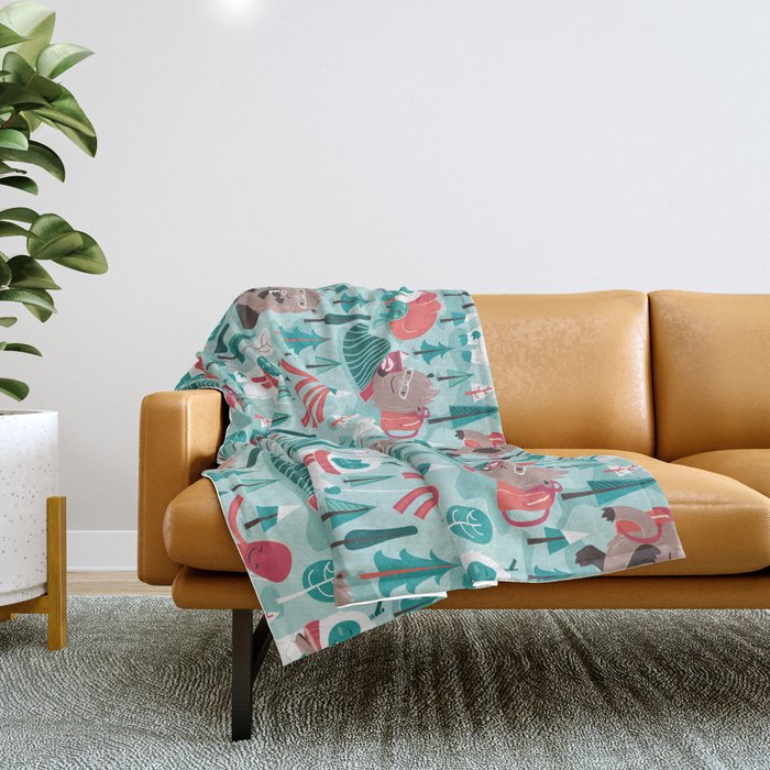 Besties // aqua background white Yeti brown Bigfoot teal and mint trees red and coral details Throw Blanket Gallery Image 1