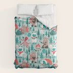 Besties // aqua background white Yeti brown Bigfoot teal and mint trees red and coral details Comforter Gallery Image 6