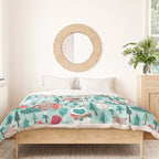 Besties // aqua background white Yeti brown Bigfoot teal and mint trees red and coral details Duvet Cover Gallery Image 3