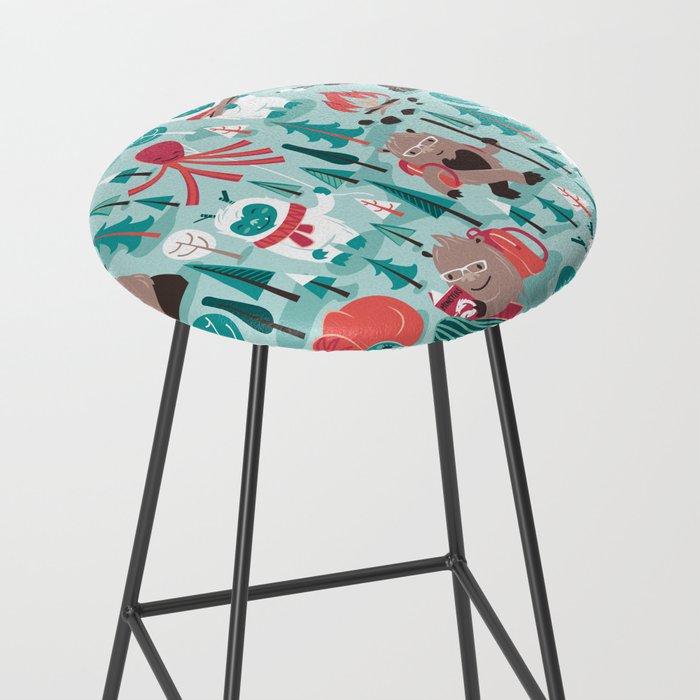 Besties // aqua background white Yeti brown Bigfoot teal and mint trees red and coral details Stool Gallery Image 2