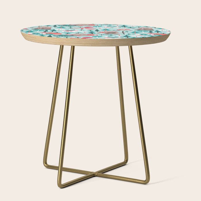 Besties // aqua background white Yeti brown Bigfoot teal and mint trees red and coral details Side Table Gallery Image 1