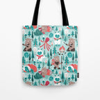 Besties // aqua background white Yeti brown Bigfoot teal and mint trees red and coral details Tote Bag Gallery Image 1