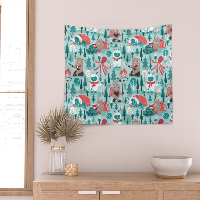 Besties // aqua background white Yeti brown Bigfoot teal and mint trees red and coral details Wall Tapestry Gallery Image 2