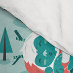 Besties // aqua background white Yeti brown Bigfoot teal and mint trees red and coral details Comforter Gallery Image 4