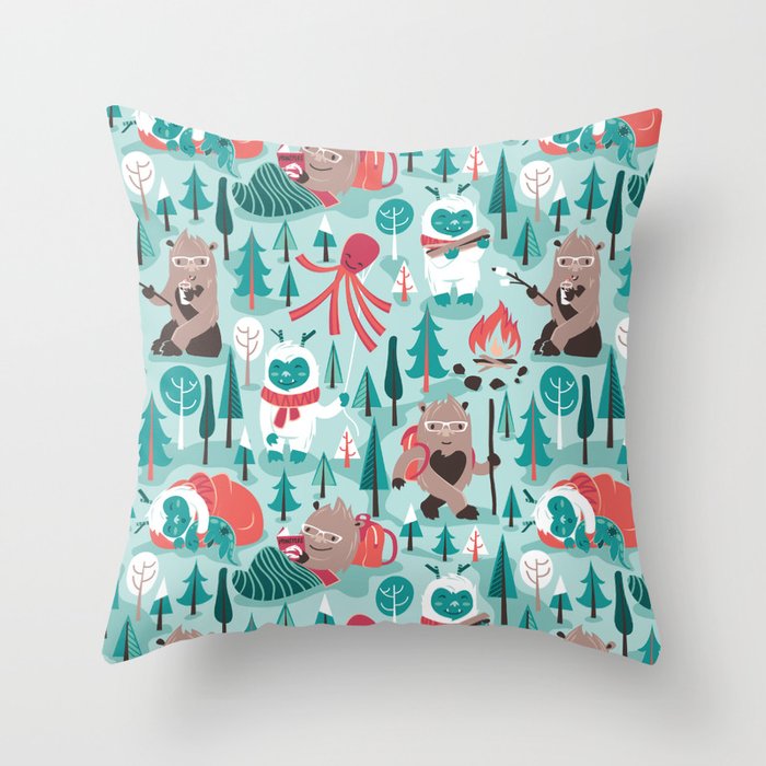 Besties // aqua background white Yeti brown Bigfoot teal and mint trees red and coral details Throw Pillow Gallery Image 6