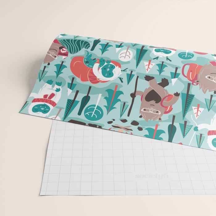 Besties // aqua background white Yeti brown Bigfoot teal and mint trees red and coral details Wrapping Paper Gallery Image 2
