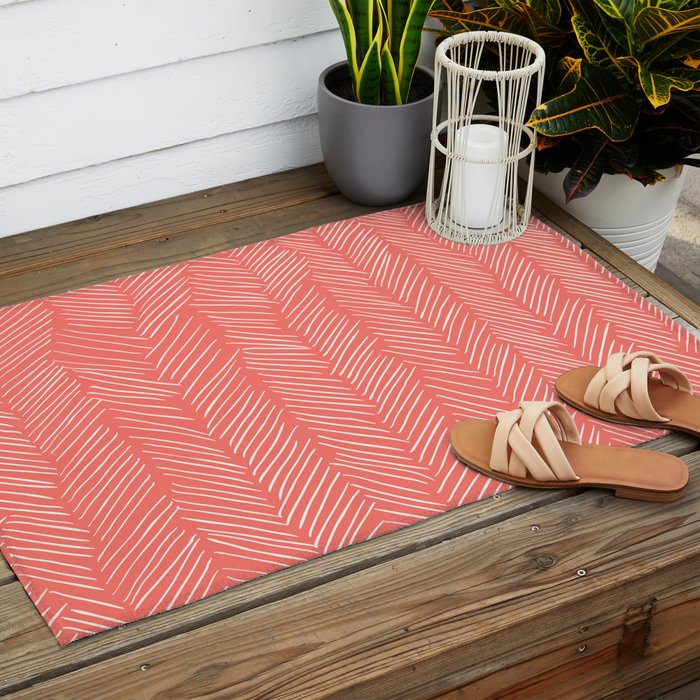 Living Coral Herringbone Happiness Outdoor Rug Gallery Image 2