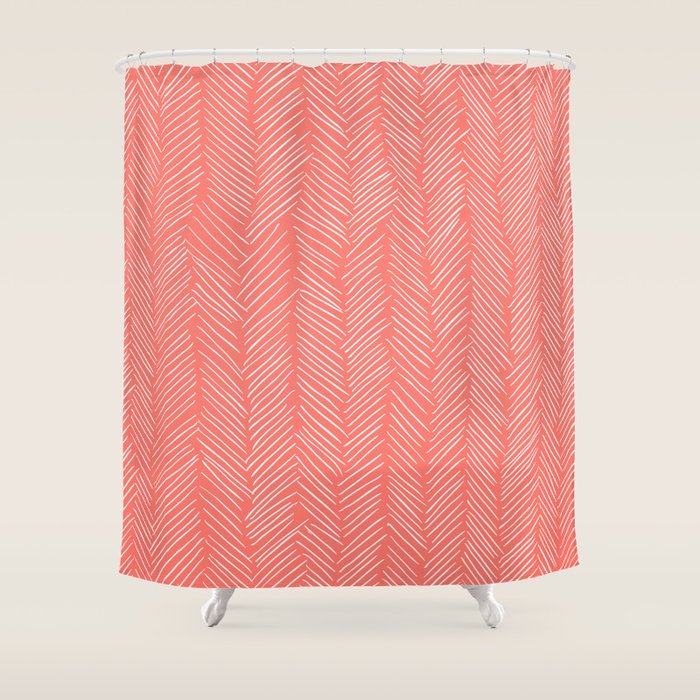 Living Coral Herringbone Happiness Shower Curtain Gallery Image 1