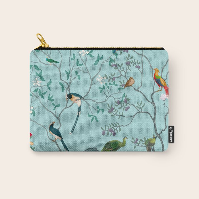 Chinoiserie Oriental Blossom Floral Birds Aqua Blue Peacock Botanical Carry All Pouch Gallery Image 1
