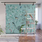 Chinoiserie Oriental Blossom Floral Birds Aqua Blue Peacock Botanical Wall Mural Gallery Image 1