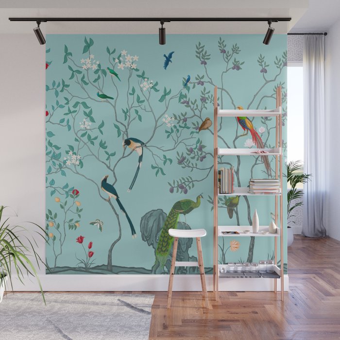 Chinoiserie Oriental Blossom Floral Birds Aqua Blue Peacock Botanical Wall Mural Gallery Image 1