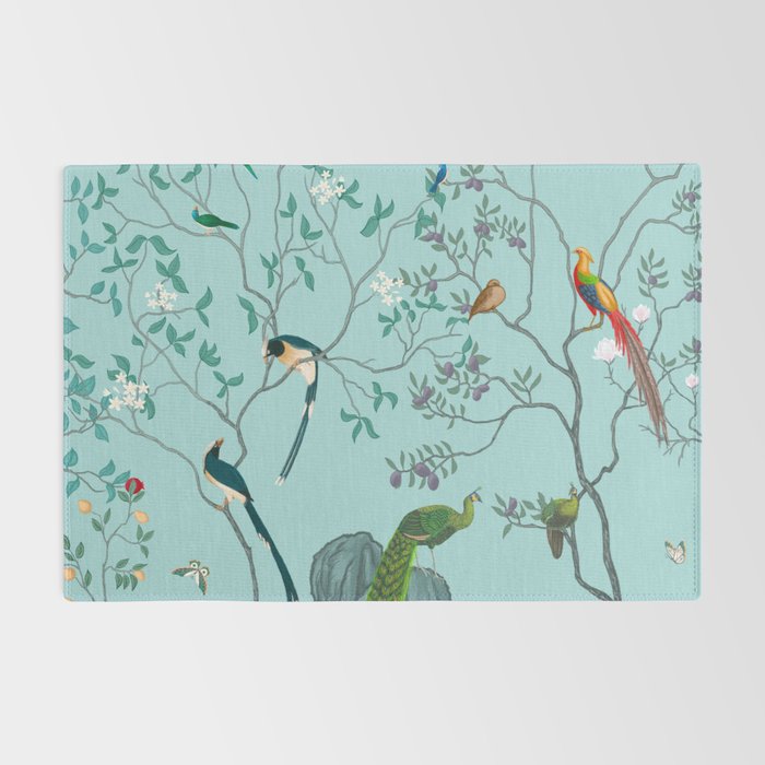 Chinoiserie Oriental Blossom Floral Birds Aqua Blue Peacock Botanical Rug Gallery Image 2