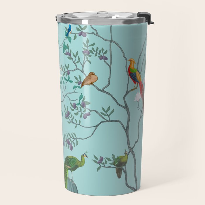 Chinoiserie Oriental Blossom Floral Birds Aqua Blue Peacock Botanical Travel Mug Gallery Image 2