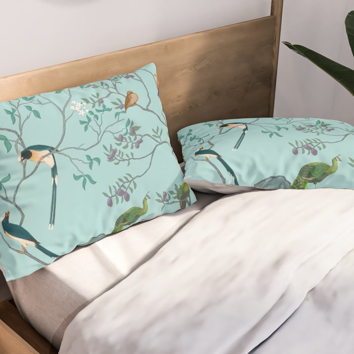 Chinoiserie Oriental Blossom Floral Birds Aqua Blue Peacock Botanical Pillow Sham Gallery Image 2
