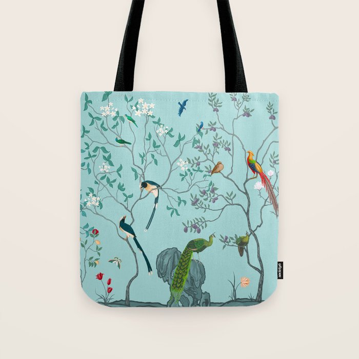 Chinoiserie Oriental Blossom Floral Birds Aqua Blue Peacock Botanical Tote Bag Gallery Image 1