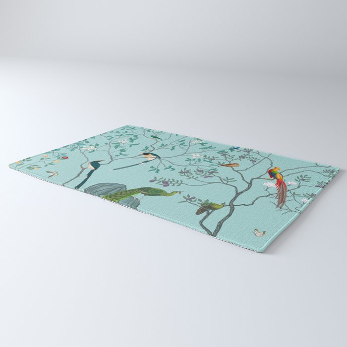 Chinoiserie Oriental Blossom Floral Birds Aqua Blue Peacock Botanical Rug Gallery Image 3