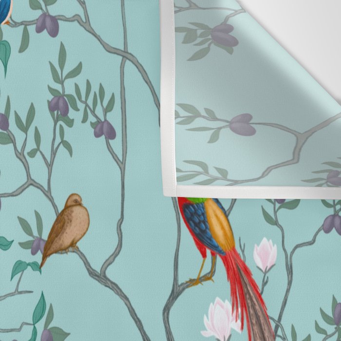 Chinoiserie Oriental Blossom Floral Birds Aqua Blue Peacock Botanical Wall Tapestry Gallery Image 3