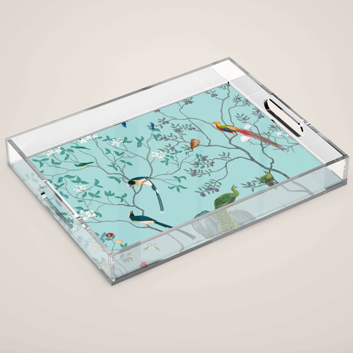 Chinoiserie Oriental Blossom Floral Birds Aqua Blue Peacock Botanical Acrylic Tray Gallery Image 1