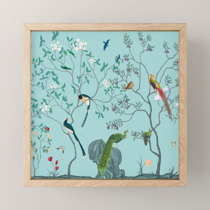 Chinoiserie Oriental Blossom Floral Birds Aqua Blue Peacock Botanical Mini Art Print Gallery Image 1
