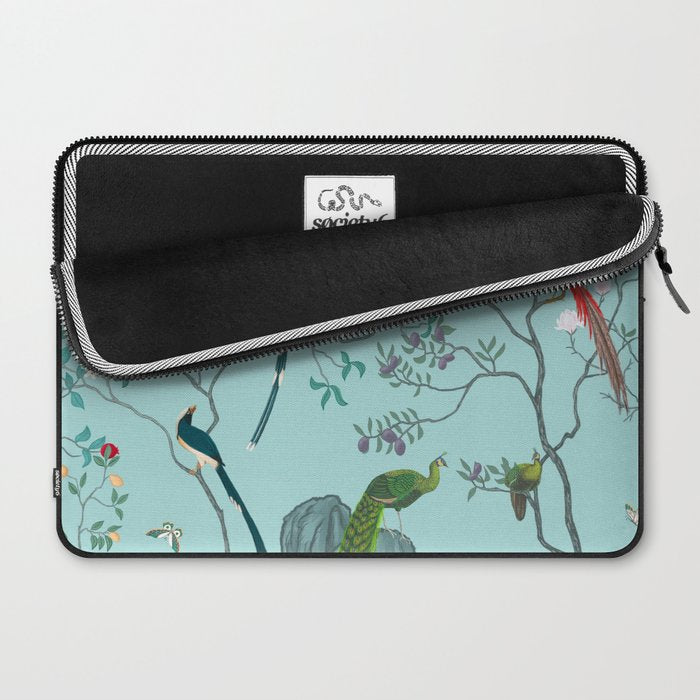 Chinoiserie Oriental Blossom Floral Birds Aqua Blue Peacock Botanical Laptop Sleeve Gallery Image 2