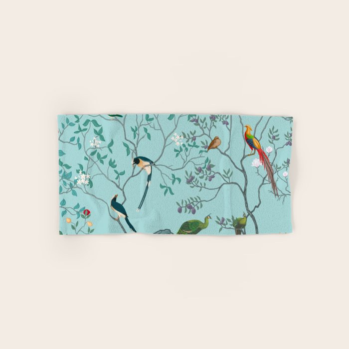 Chinoiserie Oriental Blossom Floral Birds Aqua Blue Peacock Botanical Bath Towel Gallery Image 1
