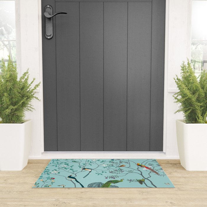 Chinoiserie Oriental Blossom Floral Birds Aqua Blue Peacock Botanical Welcome Mat Gallery Image 3