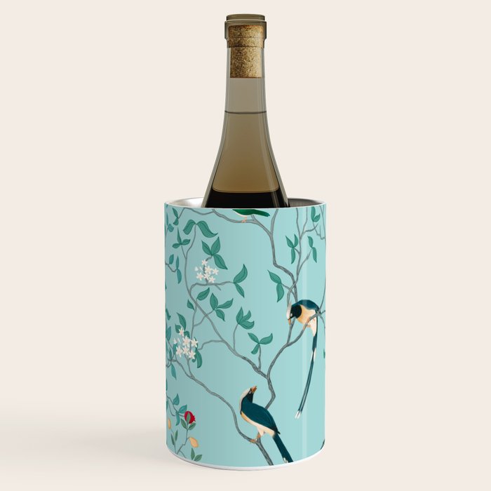 Chinoiserie Oriental Blossom Floral Birds Aqua Blue Peacock Botanical Wine Chiller Gallery Image 2