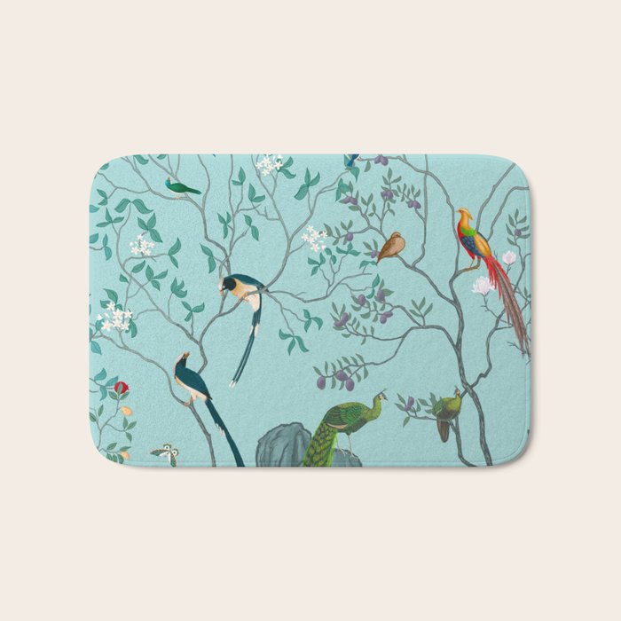 Chinoiserie Oriental Blossom Floral Birds Aqua Blue Peacock Botanical Bath Mat Gallery Image 1