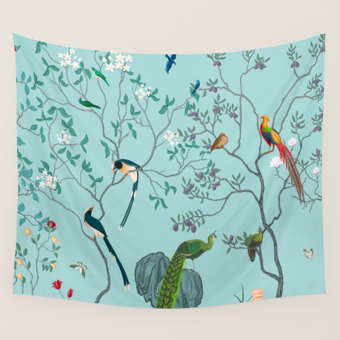 Chinoiserie Oriental Blossom Floral Birds Aqua Blue Peacock Botanical Wall Tapestry Gallery Image 4