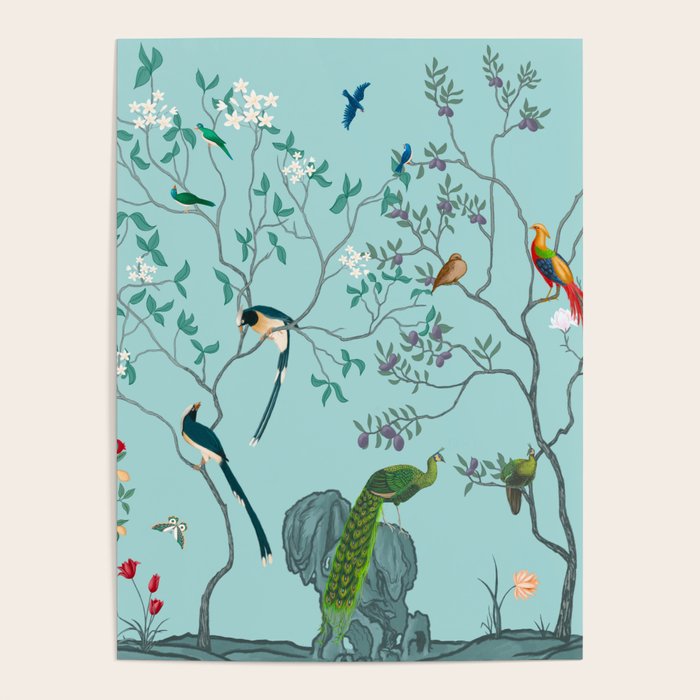 Chinoiserie Oriental Blossom Floral Birds Aqua Blue Peacock Botanical Poster Gallery Image 1