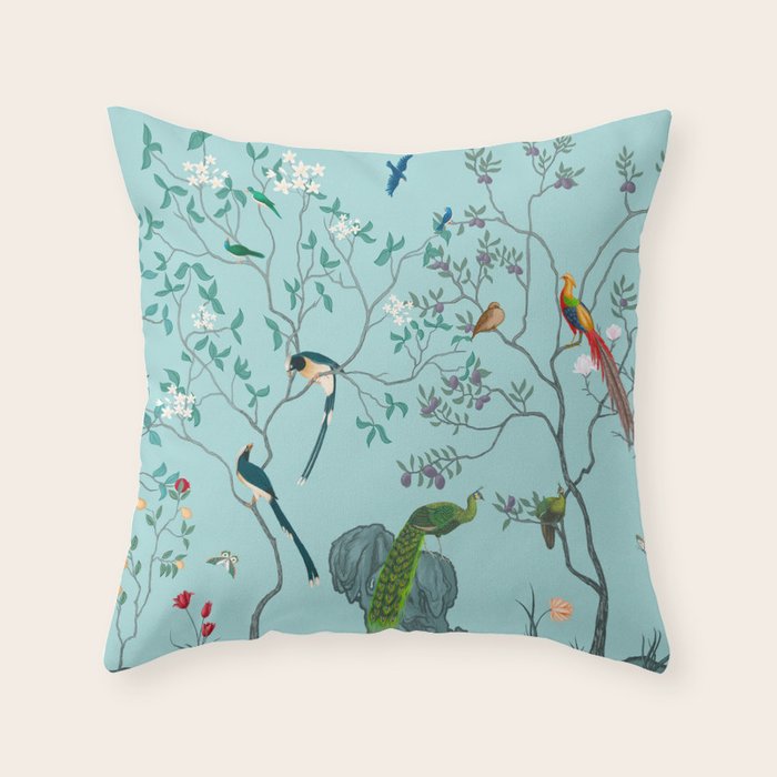 Chinoiserie Oriental Blossom Floral Birds Aqua Blue Peacock Botanical Throw Pillow Gallery Image 6