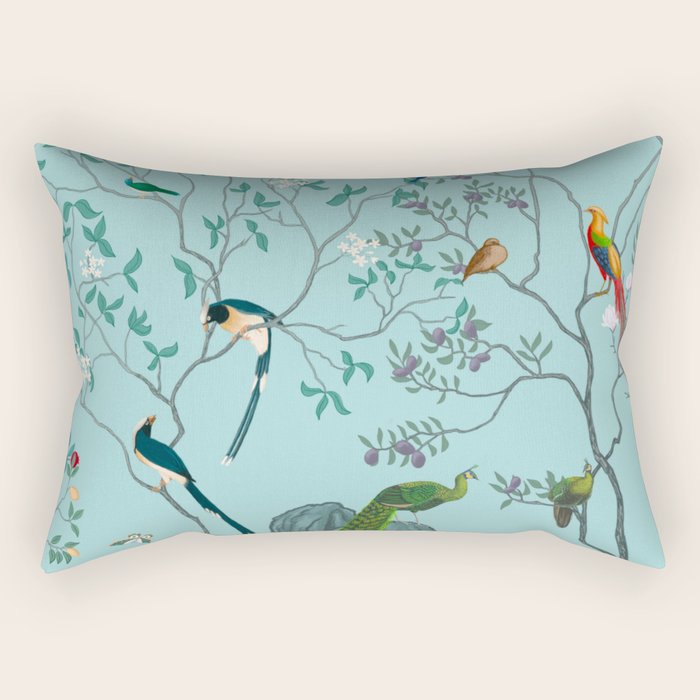 Chinoiserie Oriental Blossom Floral Birds Aqua Blue Peacock Botanical Rectangular Pillow Gallery Image 1