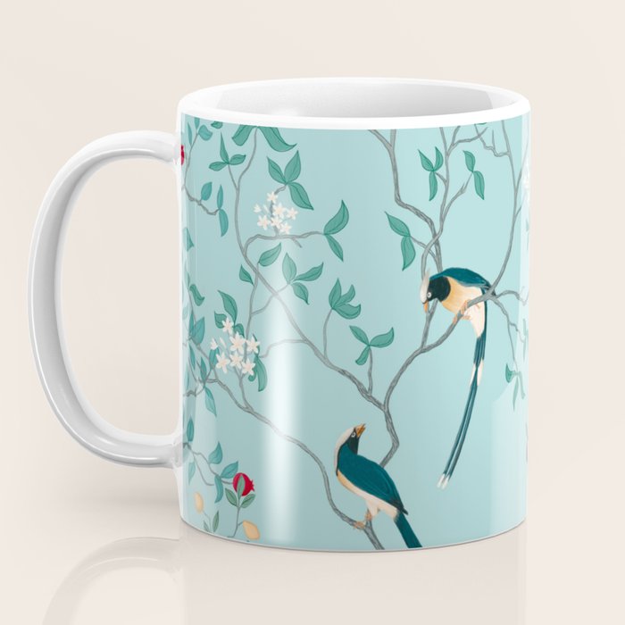 Chinoiserie Oriental Blossom Floral Birds Aqua Blue Peacock Botanical Coffee Mug Gallery Image 3